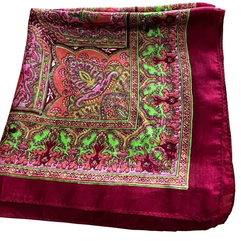 Sheer India Silk Scarf Boho square burgundy red & green paisley ornate elegant